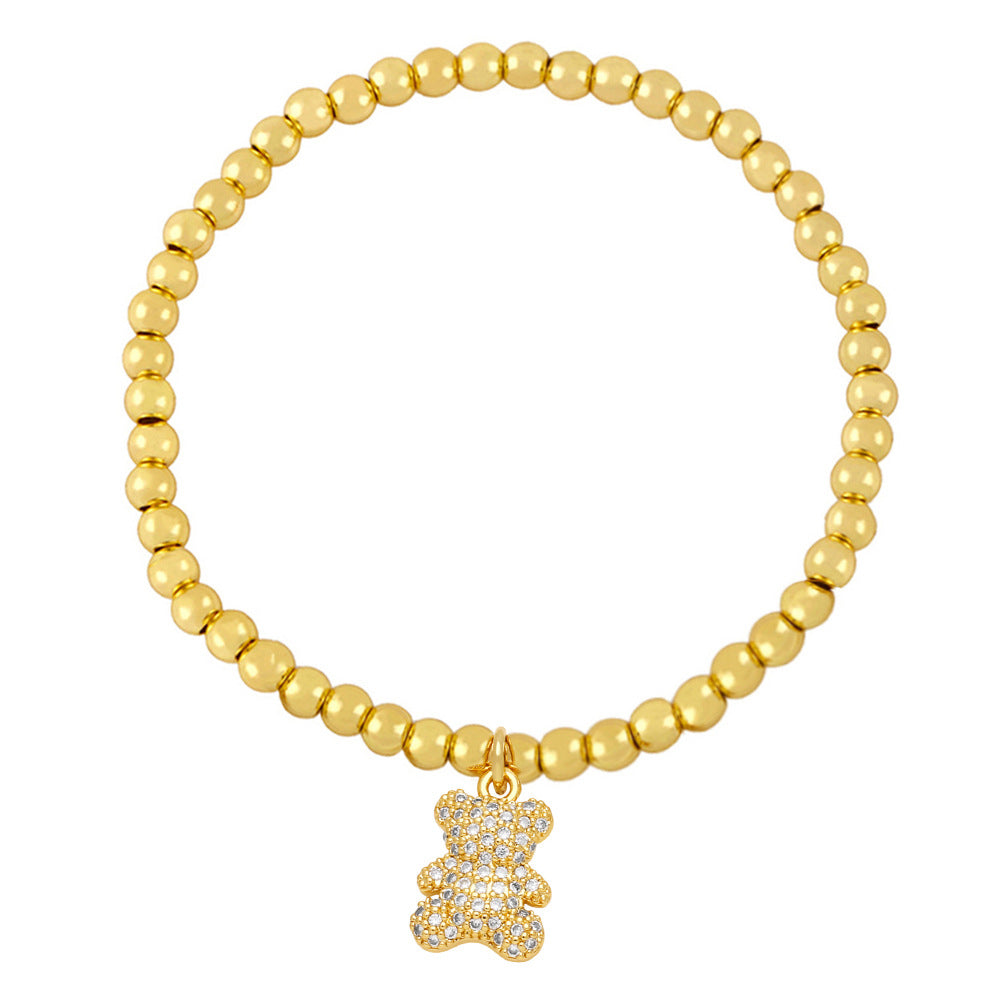 Wholesale Cute Bear Pendant Bracelet Copper Plated 18K Gold Handmade Beaded Elastic Bracelet